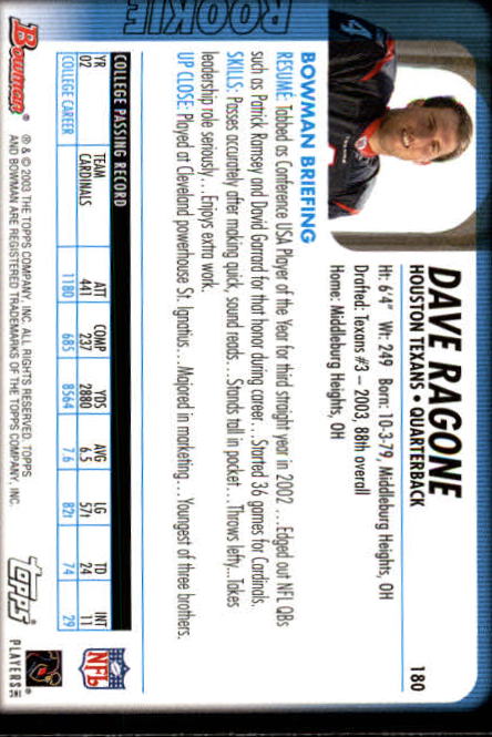 2003 Bowman #180 Dave Ragone RC back image