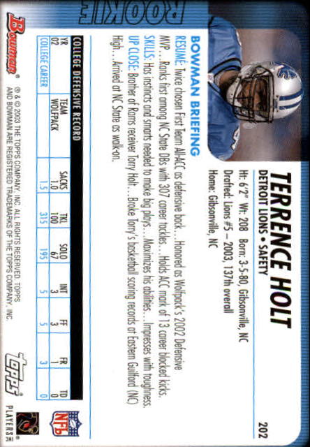 2003 Bowman #202 Terrence Holt RC back image