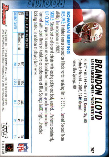 2003 Bowman #207 Brandon Lloyd RC back image