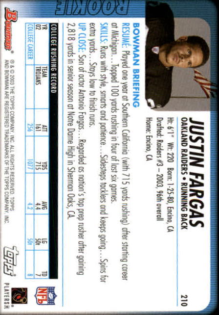 2003 Bowman #210 Justin Fargas RC back image