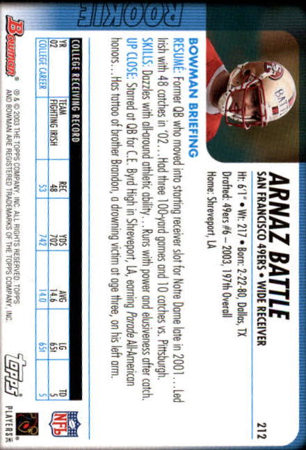 2003 Bowman #212 Arnaz Battle RC back image