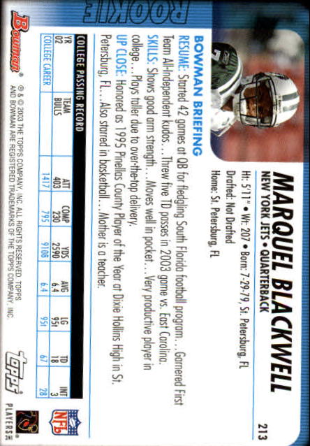 2003 Bowman #213 Marquel Blackwell RC back image