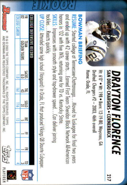 2003 Bowman #217 Drayton Florence RC back image