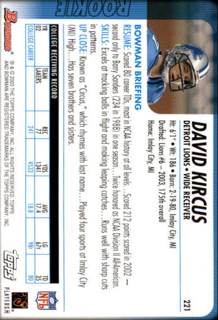 2003 Bowman #221 David Kircus RC back image