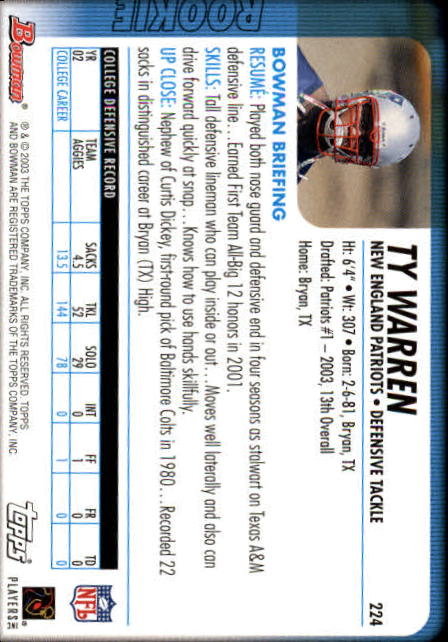 2003 Bowman #224 Ty Warren RC back image