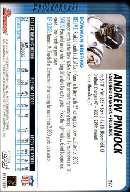 2003 Bowman #227 Andrew Pinnock RC back image