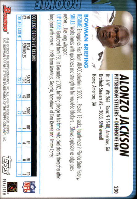 2003 Bowman #230 Alonzo Jackson RC back image