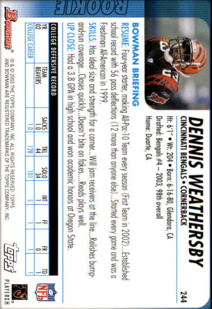 2003 Bowman #244 Dennis Weathersby RC back image