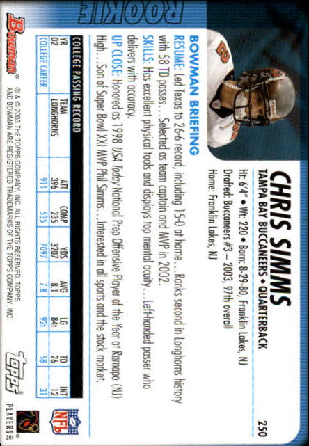 2003 Bowman #250 Chris Simms RC back image