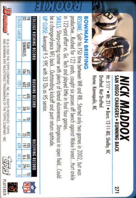 2003 Bowman #271 Nick Maddox RC back image