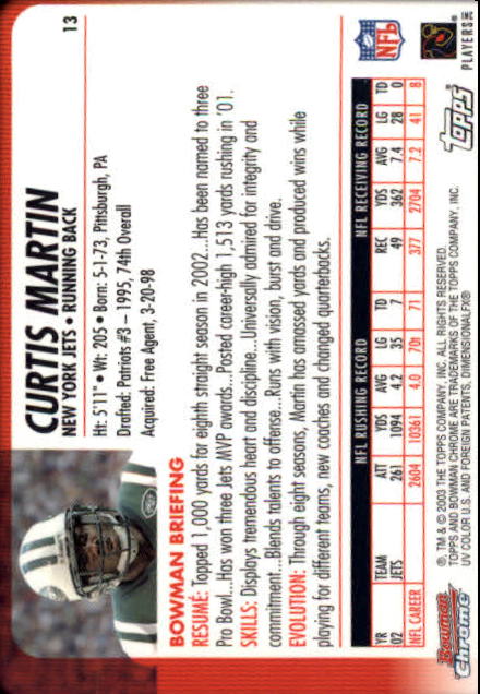 2003 Bowman Chrome #13 Curtis Martin back image