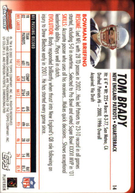 2003 Bowman Chrome #14 Tom Brady back image