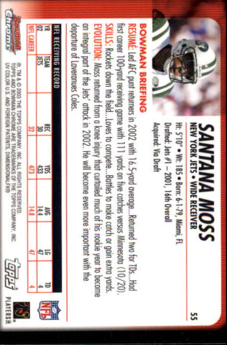 2003 Bowman Chrome #55 Santana Moss back image