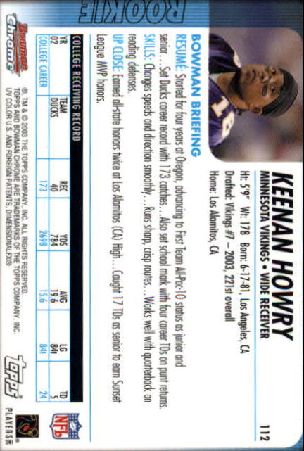 2003 Bowman Chrome #112 Keenan Howry RC back image