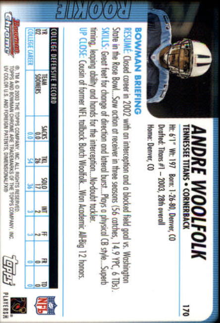 2003 Bowman Chrome #170 Andre Woolfolk RC back image