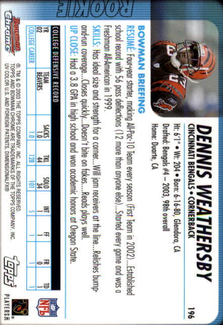 2003 Bowman Chrome #196 Dennis Weathersby RC back image