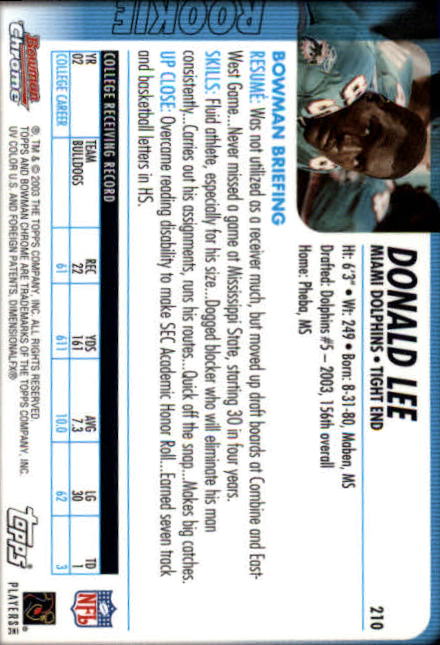 2003 Bowman Chrome #210 Donald Lee RC back image