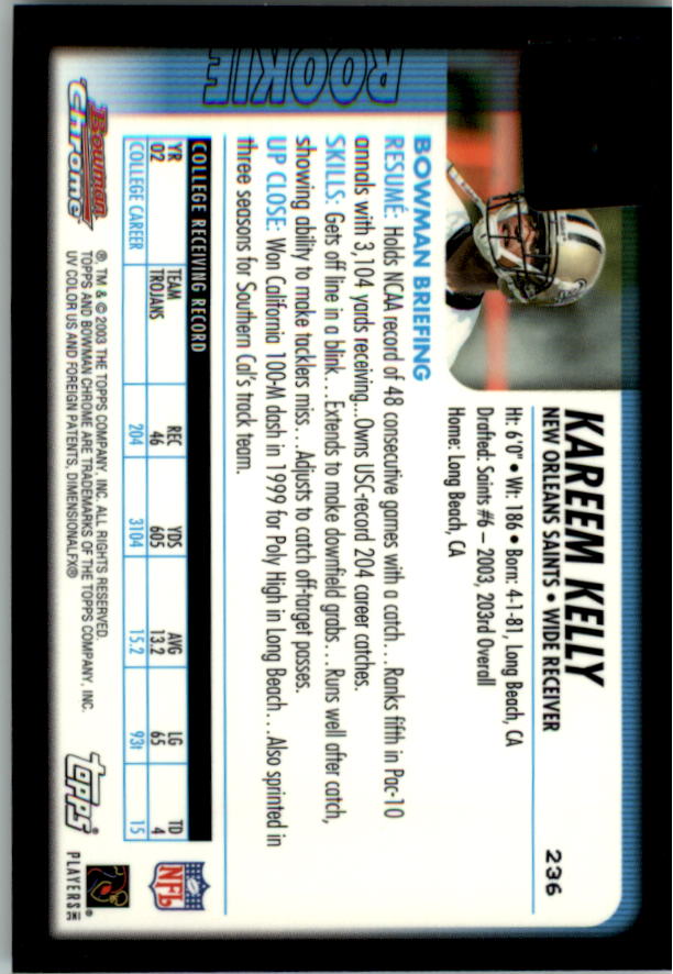 2003 Bowman Chrome #236 Kareem Kelly AU E RC back image