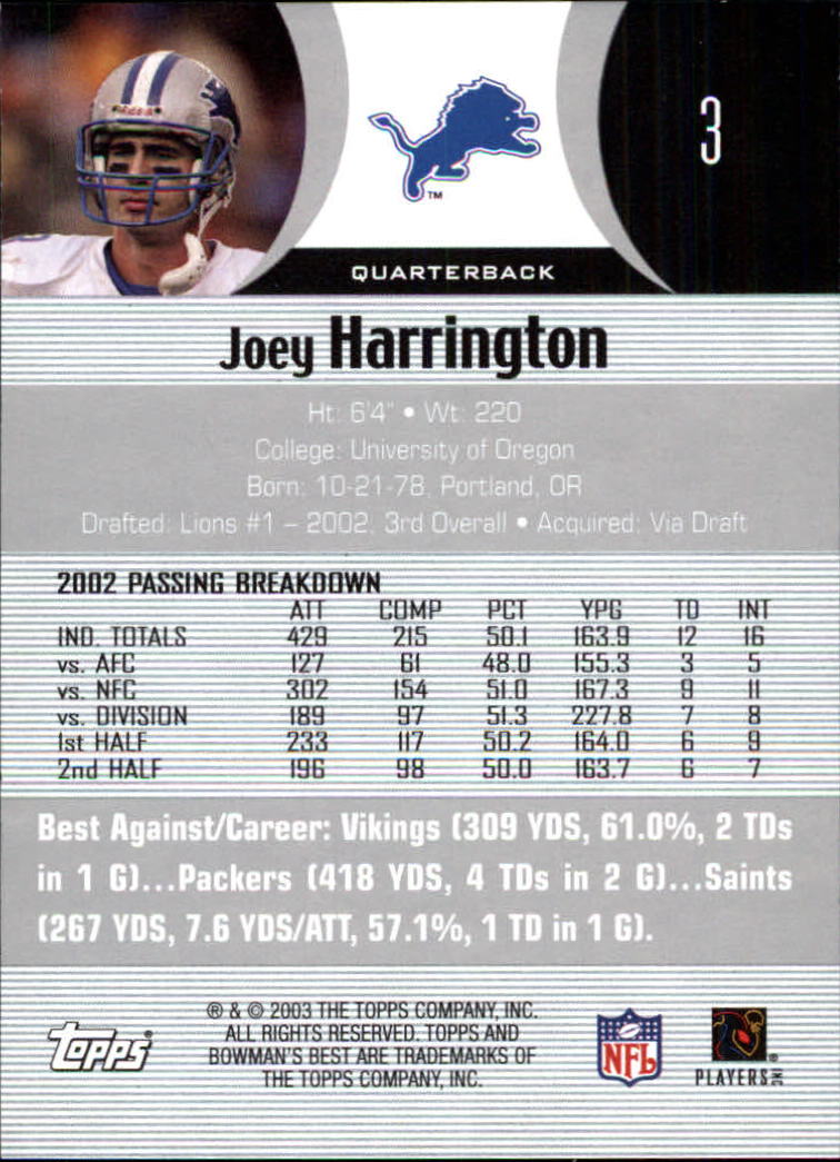 2003 Bowman's Best #3 Joey Harrington back image