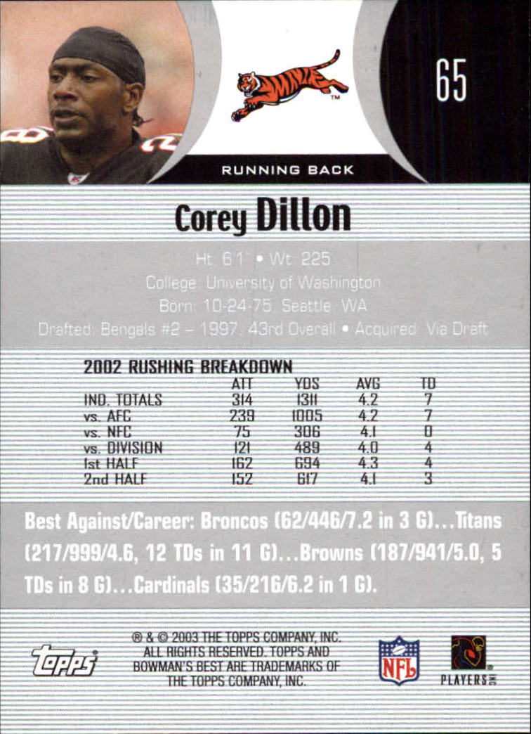 2003 Bowman's Best #65 Corey Dillon back image