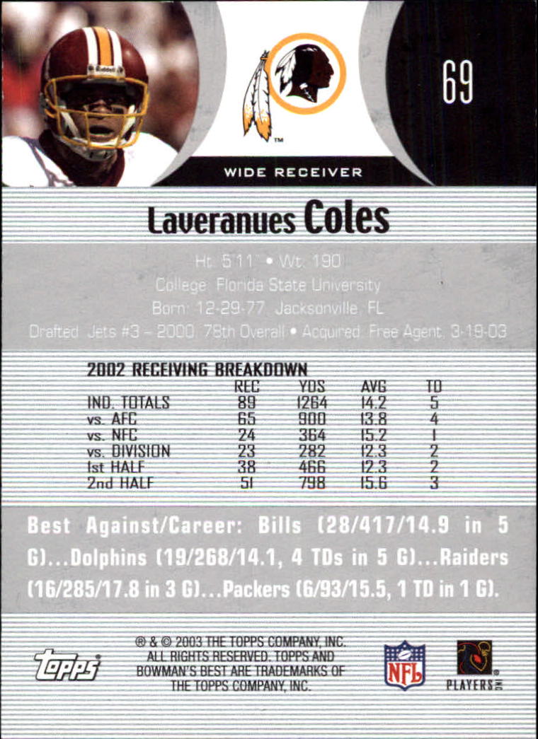2003 Bowman's Best #69 Laveranues Coles back image