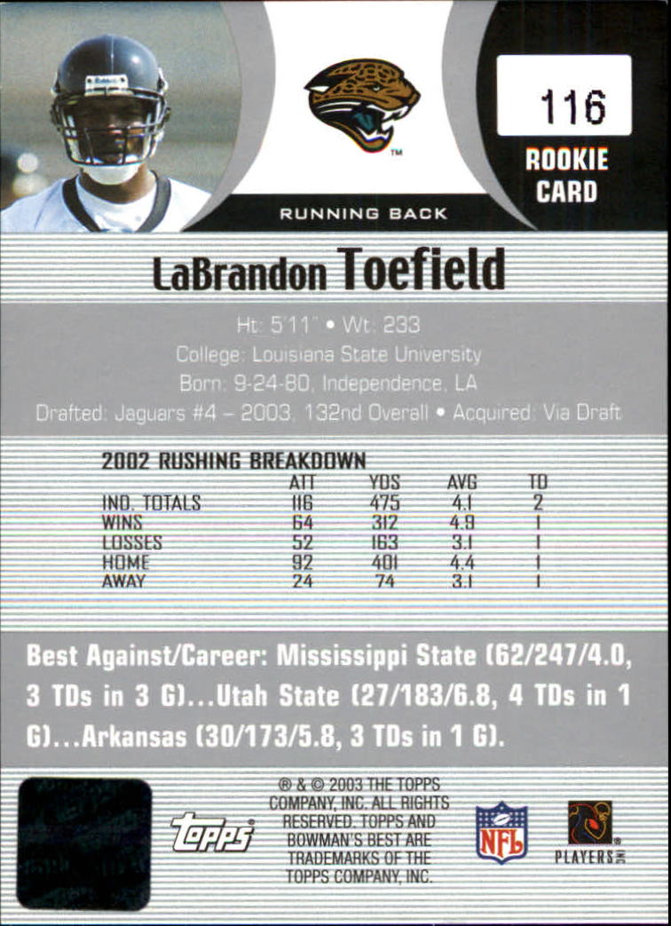 2003 Bowman's Best #116 LaBrandon Toefield AU RC back image