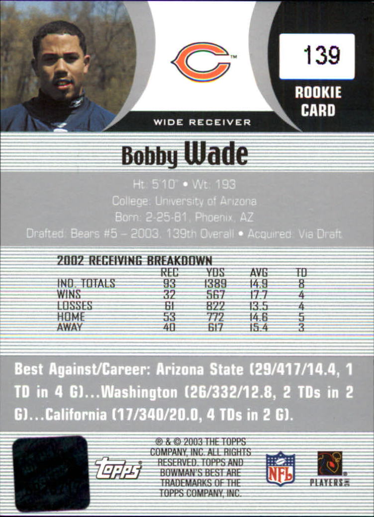 2003 Bowman's Best #139 Bobby Wade AU RC back image