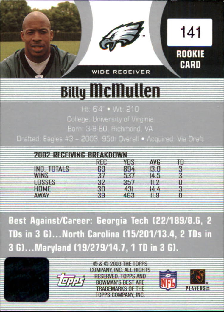 2003 Bowman's Best #141 Billy McMullen AU RC back image