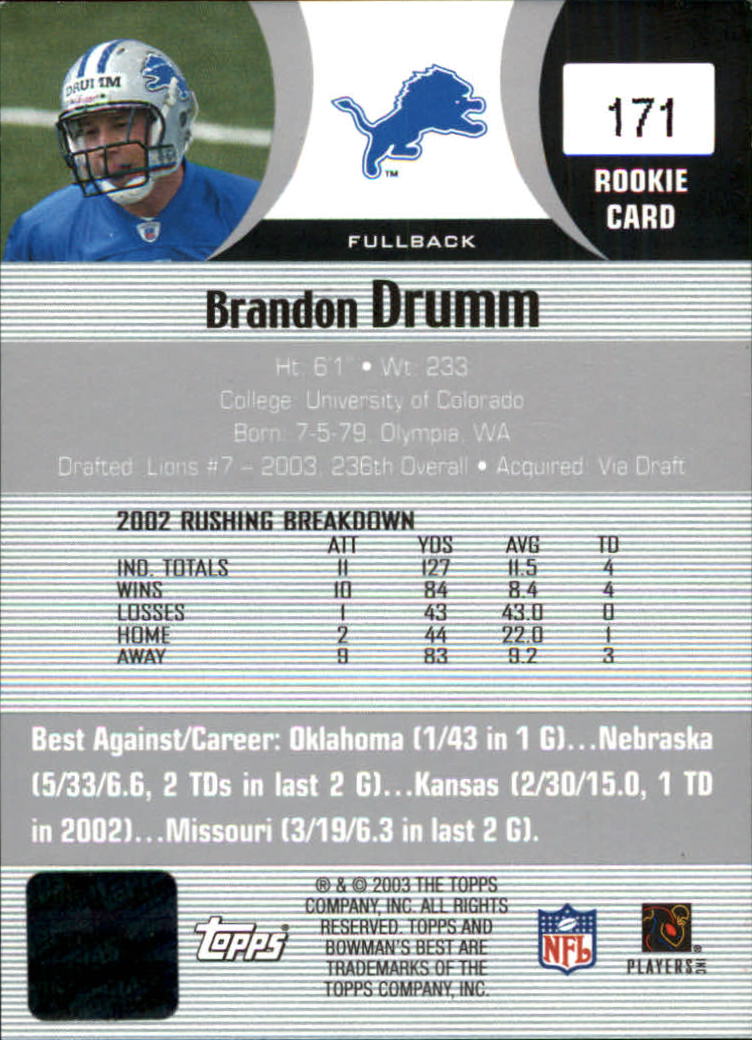 2003 Bowman's Best #171 Brandon Drumm AU RC back image
