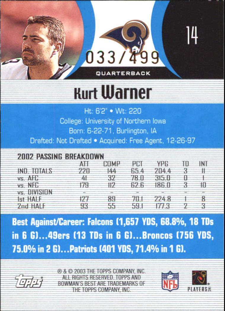 2003 Bowman's Best Blue #14 Kurt Warner back image