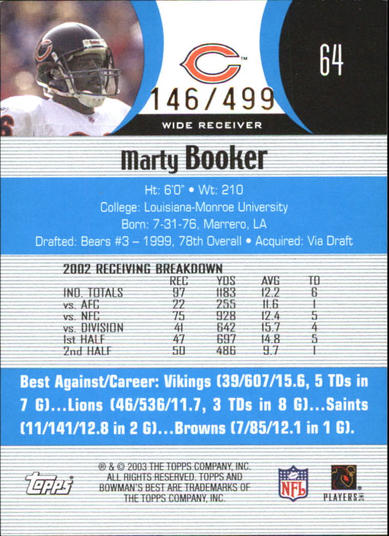 2003 Bowman's Best Blue #64 Marty Booker back image