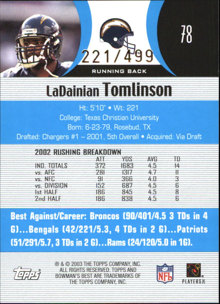 2003 Bowman's Best Blue #78 LaDainian Tomlinson back image