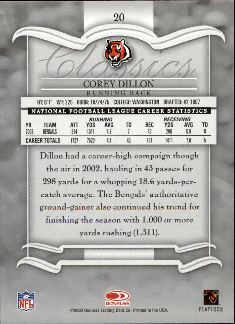 2003 Donruss Classics #20 Corey Dillon back image