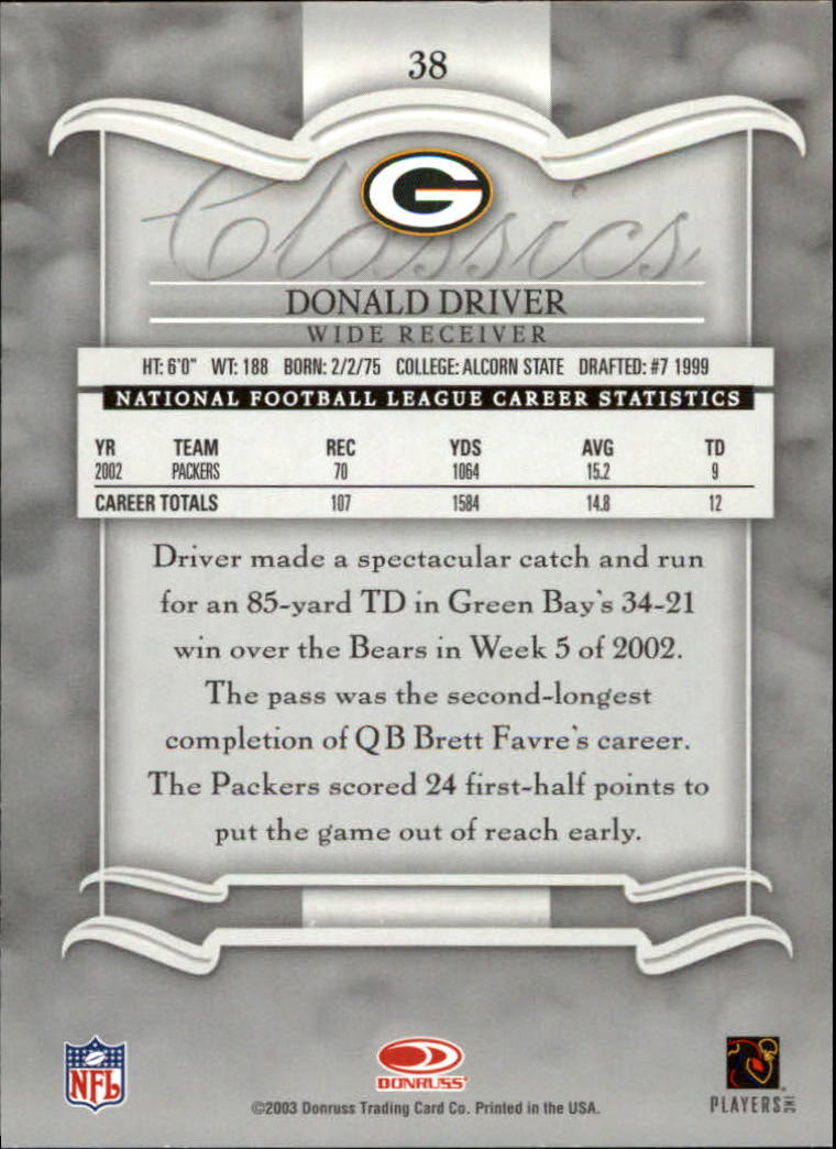 2003 Donruss Classics #38 Donald Driver back image