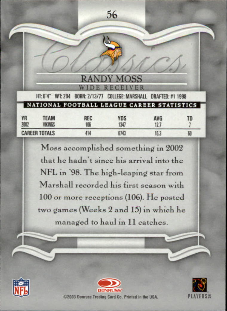 2003 Donruss Classics #56 Randy Moss back image