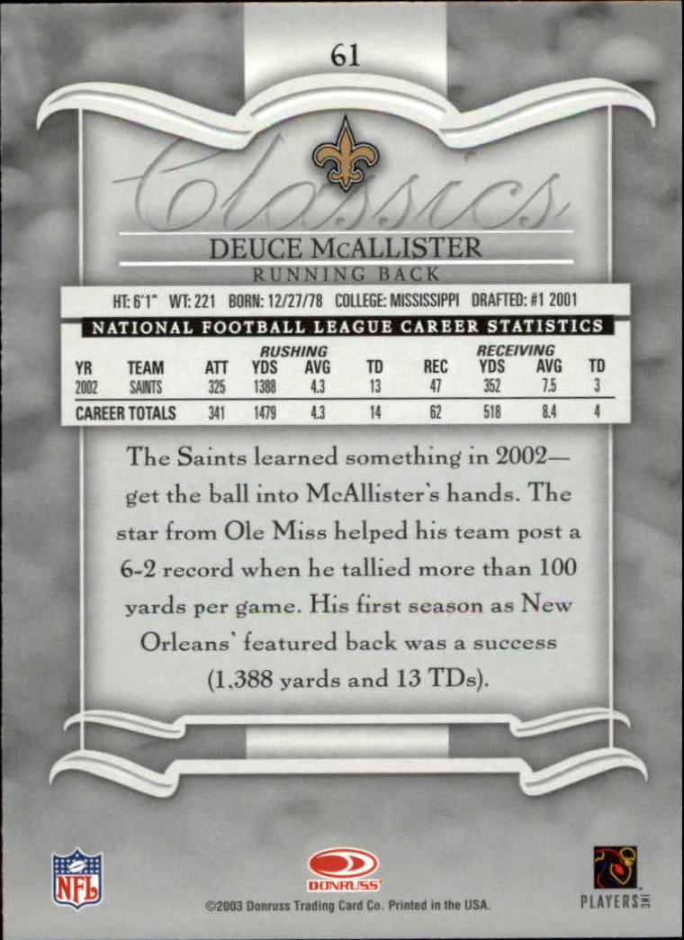 2003 Donruss Classics #61 Deuce McAllister back image