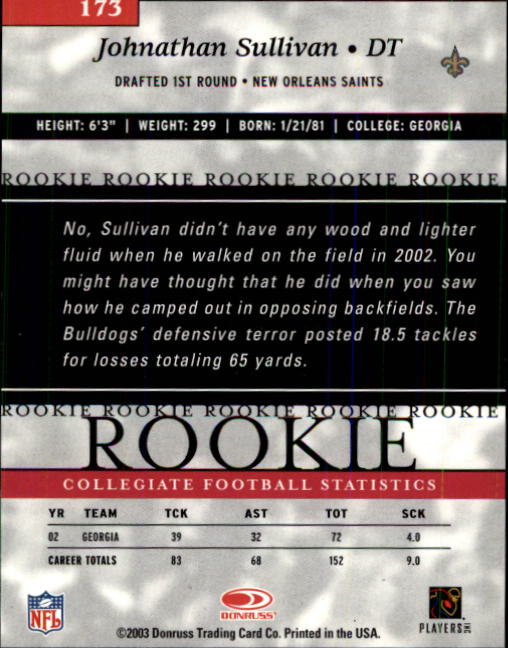 2003 Donruss Elite #173 Johnathan Sullivan RC back image