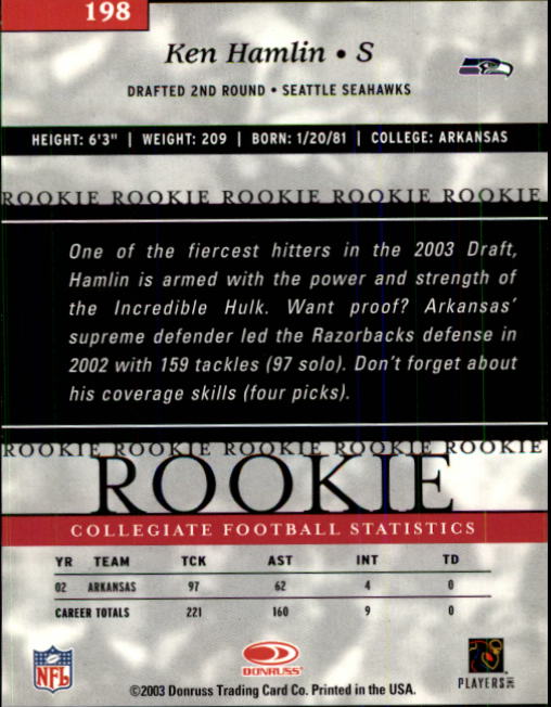 2003 Donruss Elite #198 Ken Hamlin RC back image