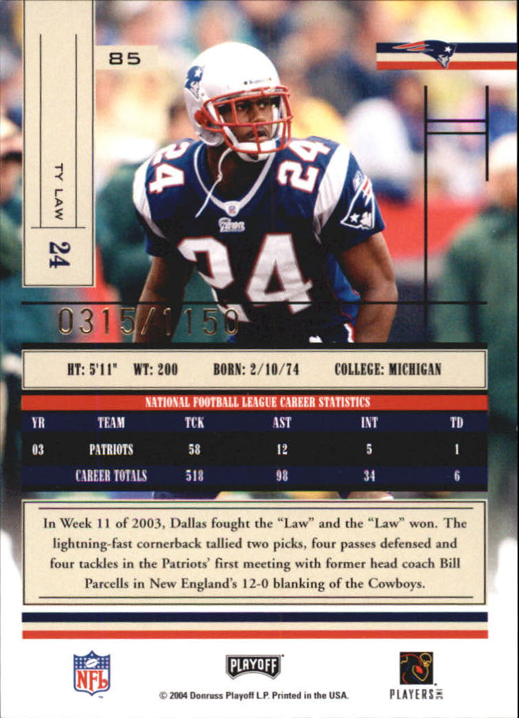 2004 Absolute Memorabilia #85 Ty Law back image
