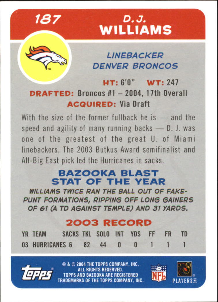 2004 Bazooka #187 D.J. Williams RC back image