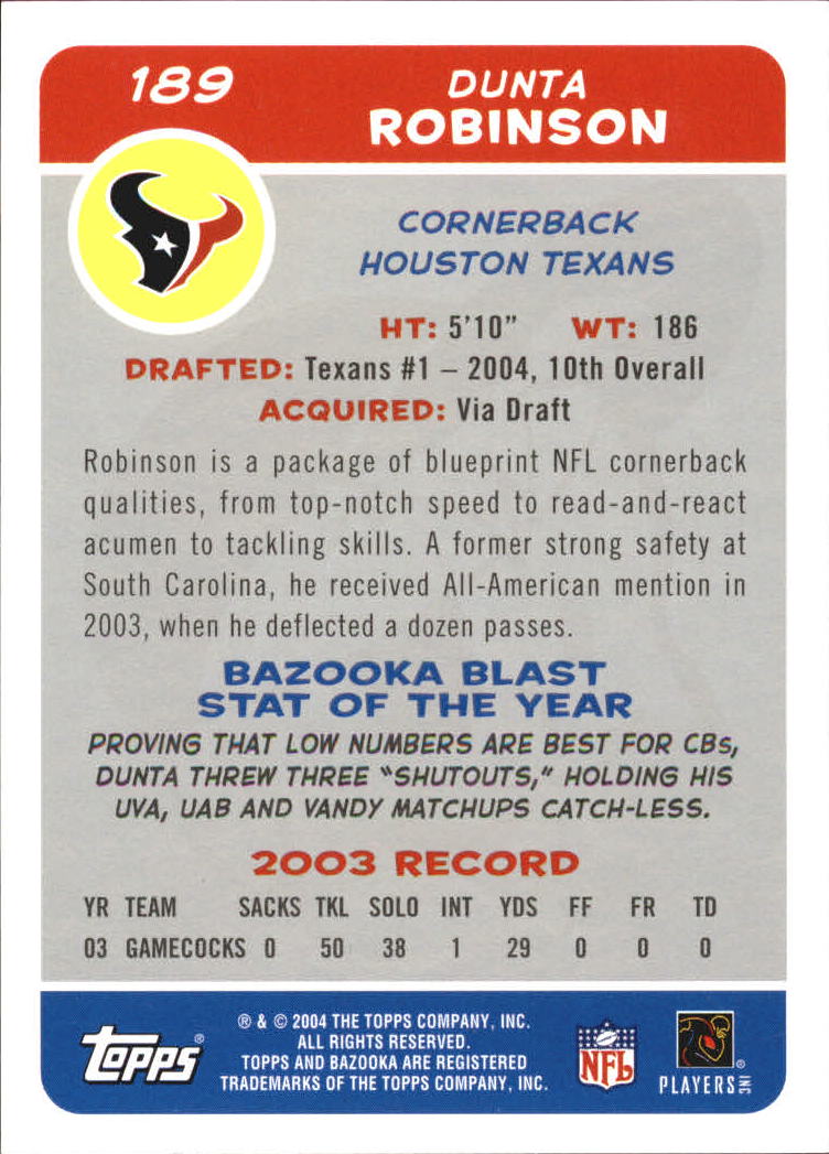 2004 Bazooka #189 Dunta Robinson RC back image