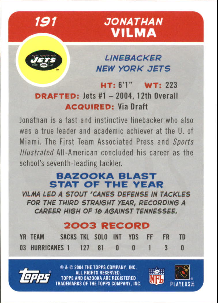 2004 Bazooka #191 Jonathan Vilma RC back image