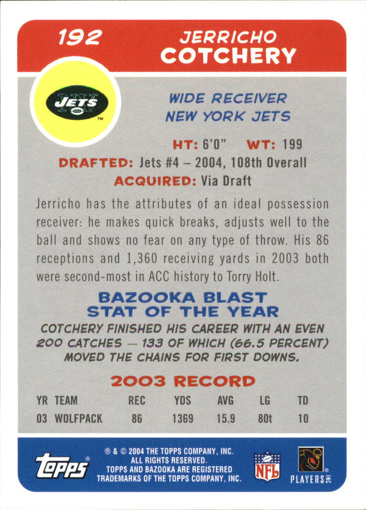 2004 Bazooka #192 Jerricho Cotchery RC back image