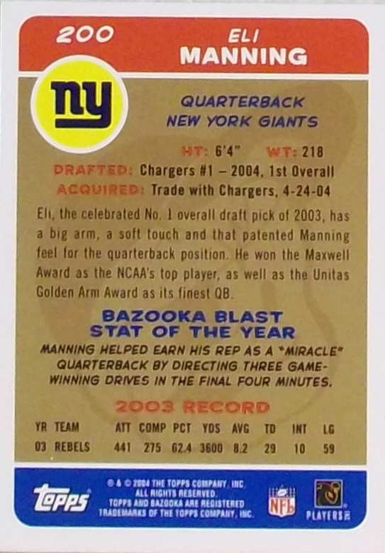 2004 Bazooka #200 Eli Manning RC back image