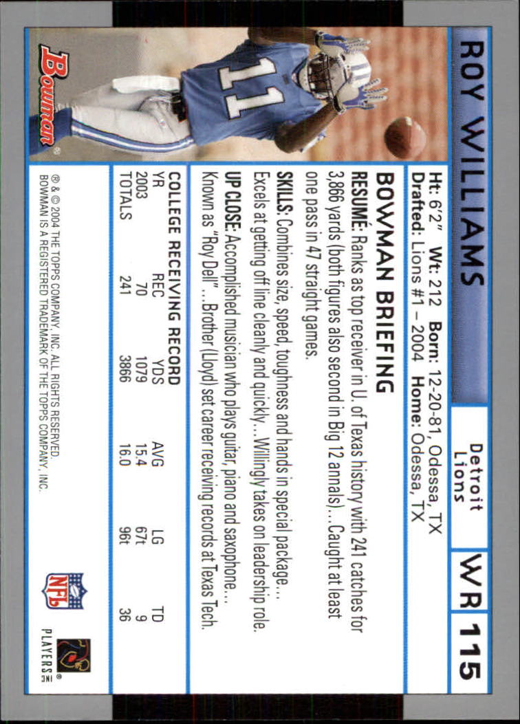 2004 Bowman #115 Roy Williams RC back image