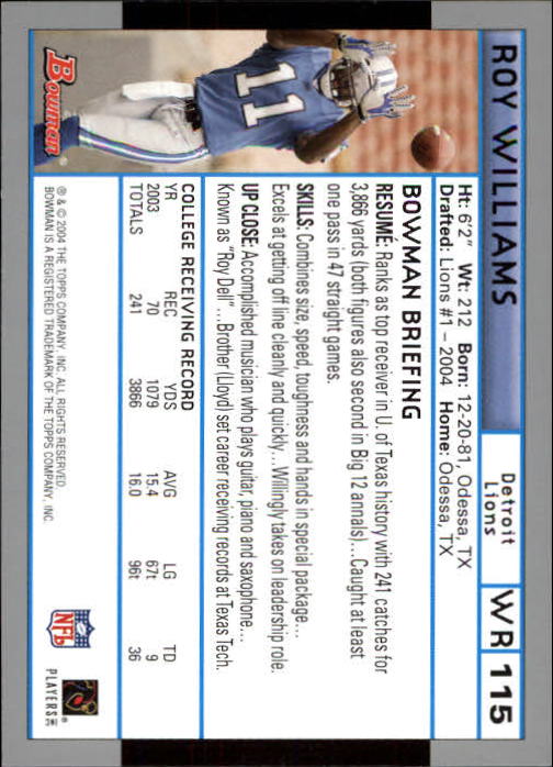 2004 Bowman First Edition #115 Roy Williams WR back image