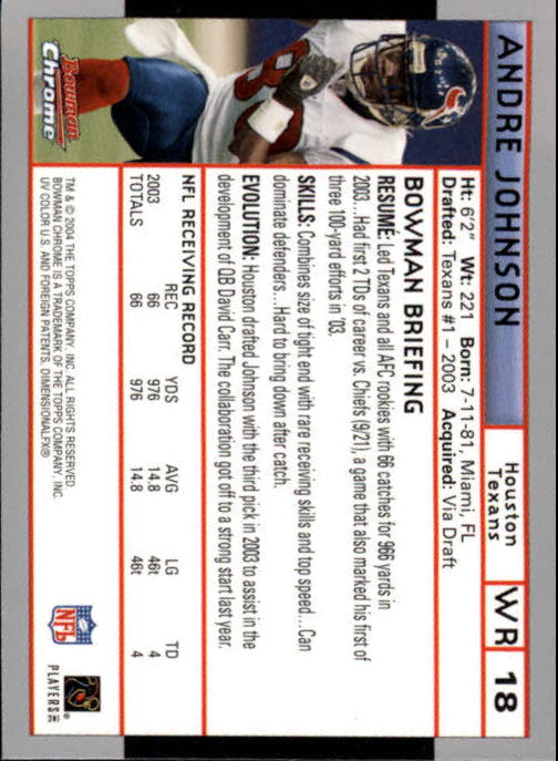 2004 Bowman Chrome #18 Andre Johnson back image