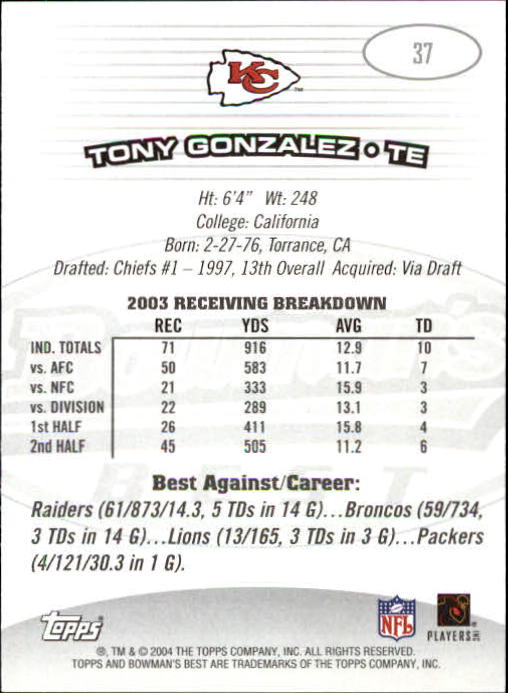2004 Bowman's Best #37 Tony Gonzalez back image