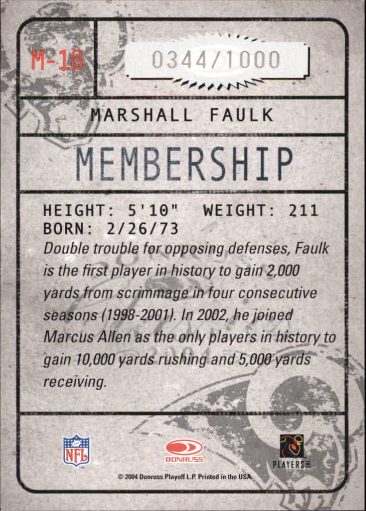 2004 Donruss Classics Membership #M18 Marshall Faulk back image