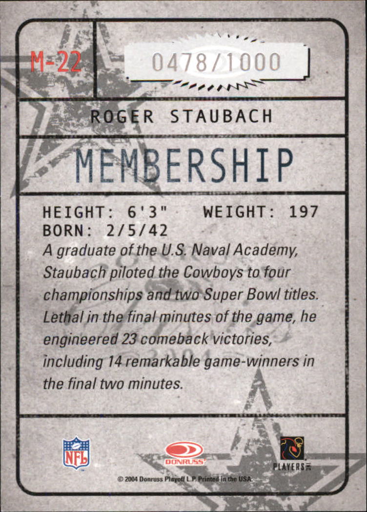 2004 Donruss Classics Membership #M22 Roger Staubach back image